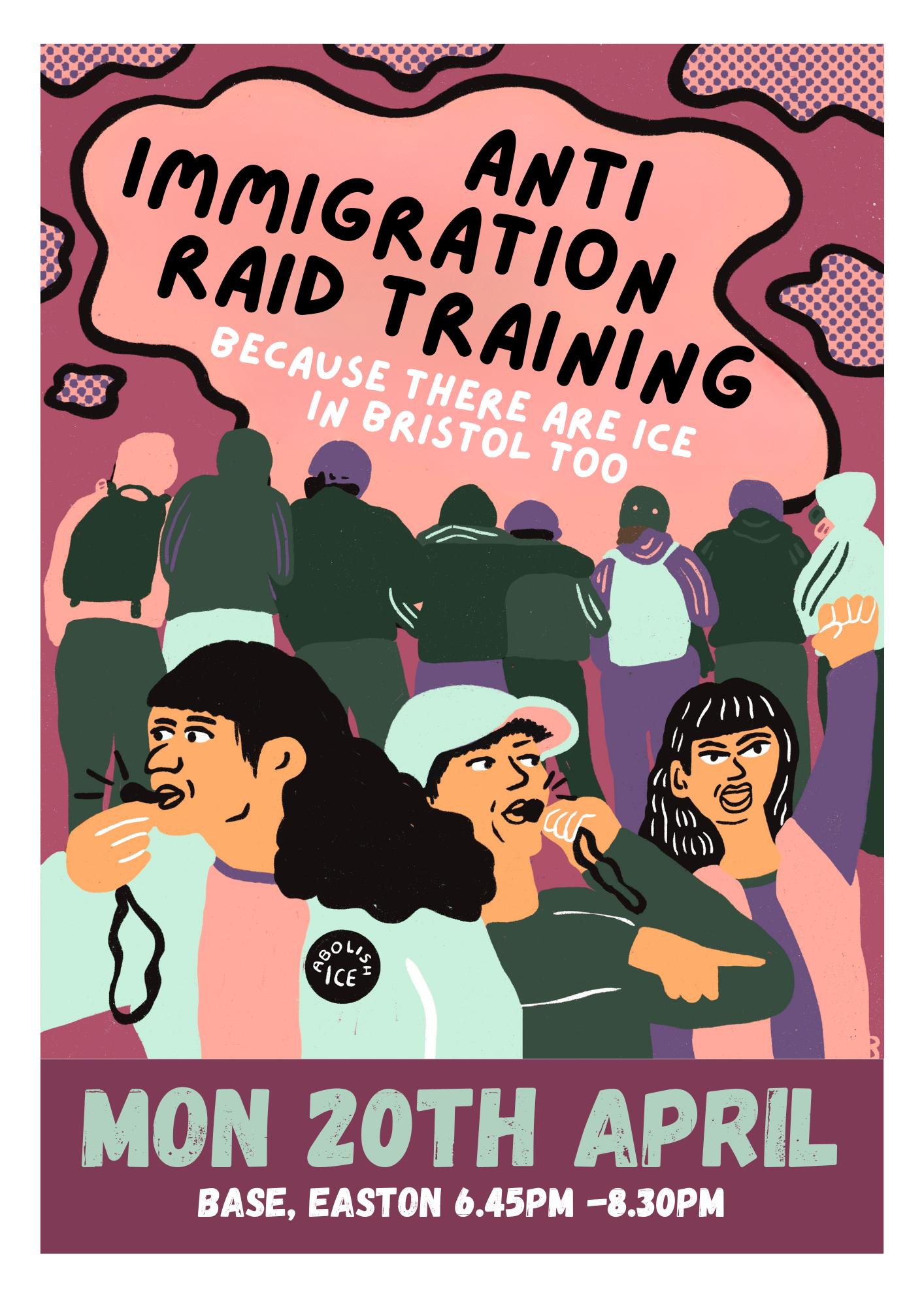 People with whistles in the forground while a group link arms in the background