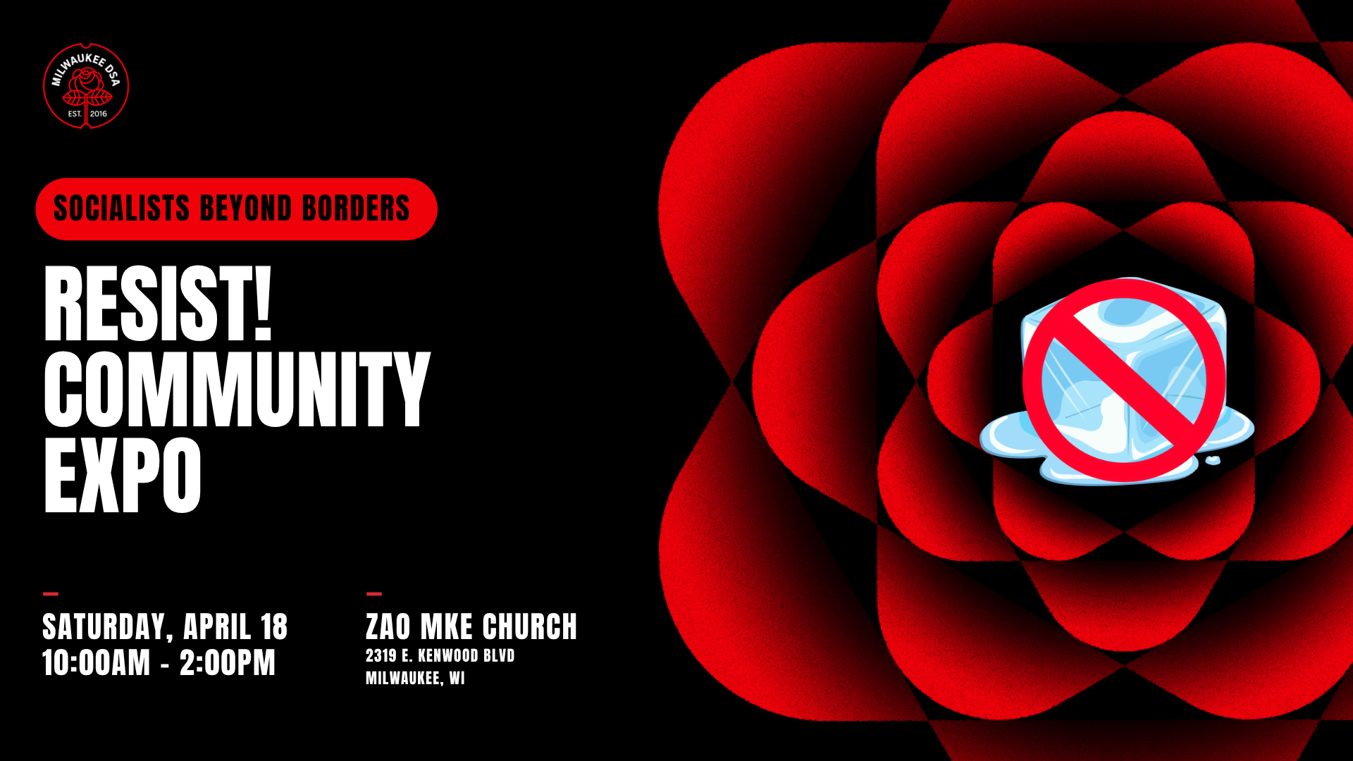 Black background with a red rose image and information about the event