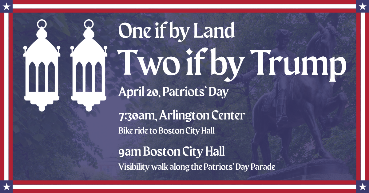 Apr 20 Patriots' Day. 7.30am Arlington Center bike to Boston City Hall, 9am Boston City Hall Plaza