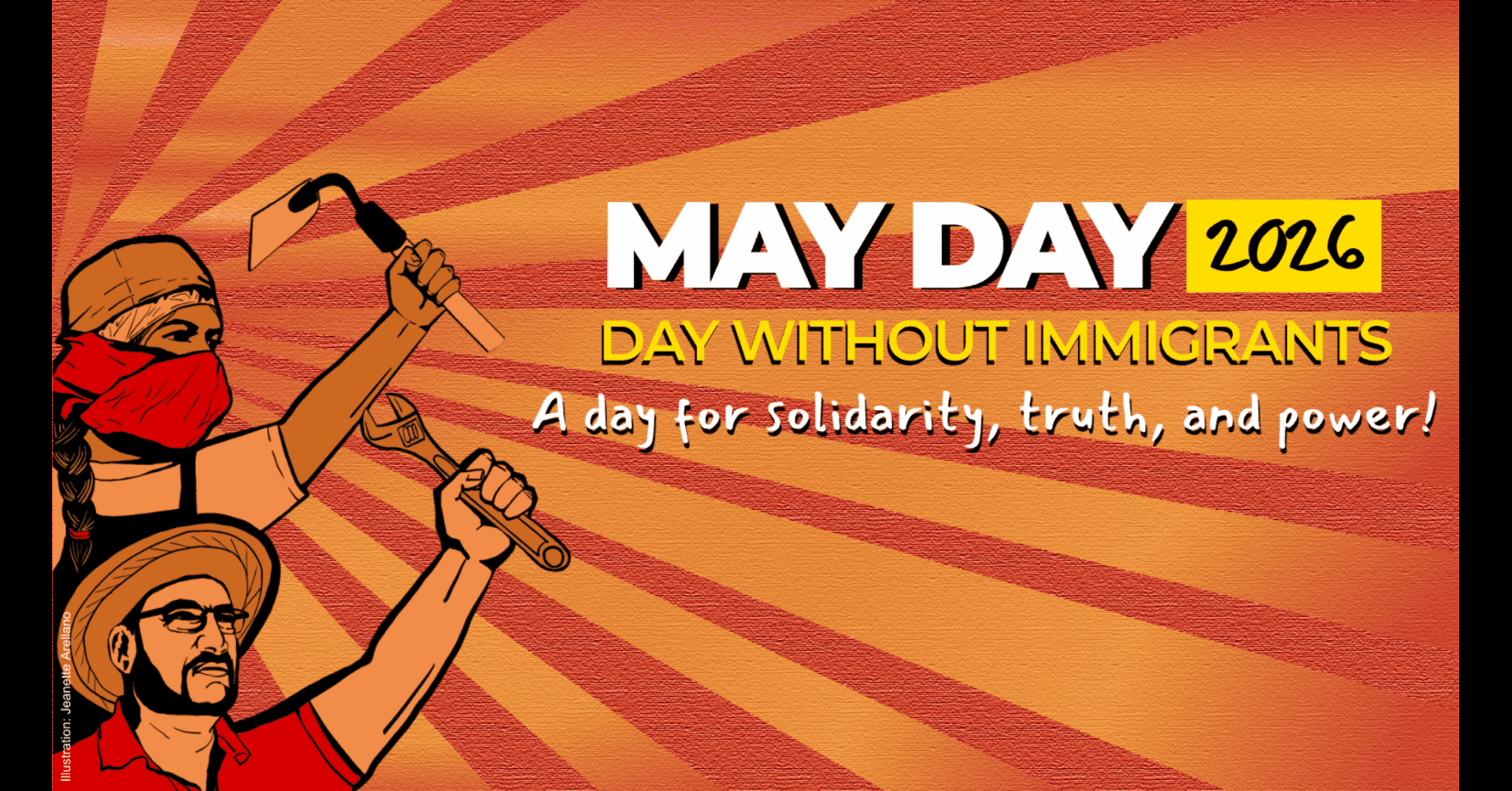 Image of workers holding their tools and the sun pouring out behind them along with the words May Day 2026