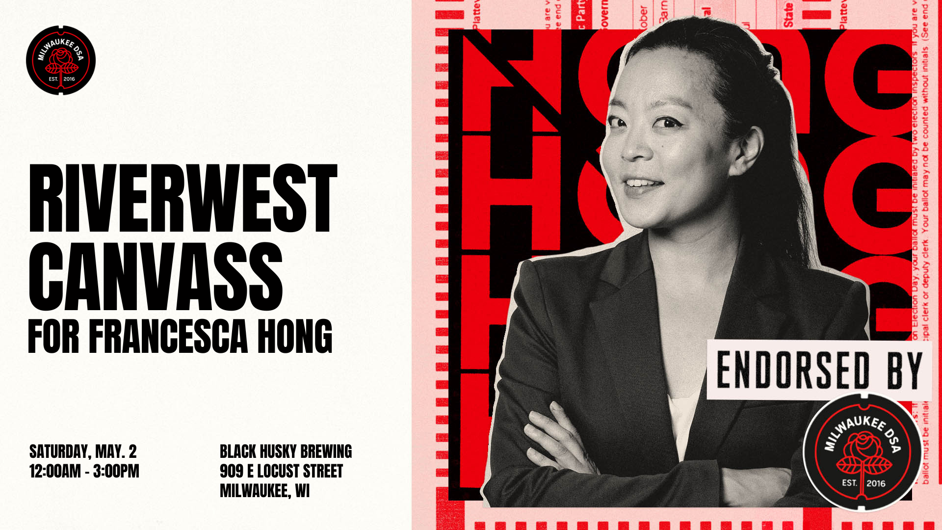 Image of Francesca Hong along with the words Riverwest Canvass for Francesca Hong