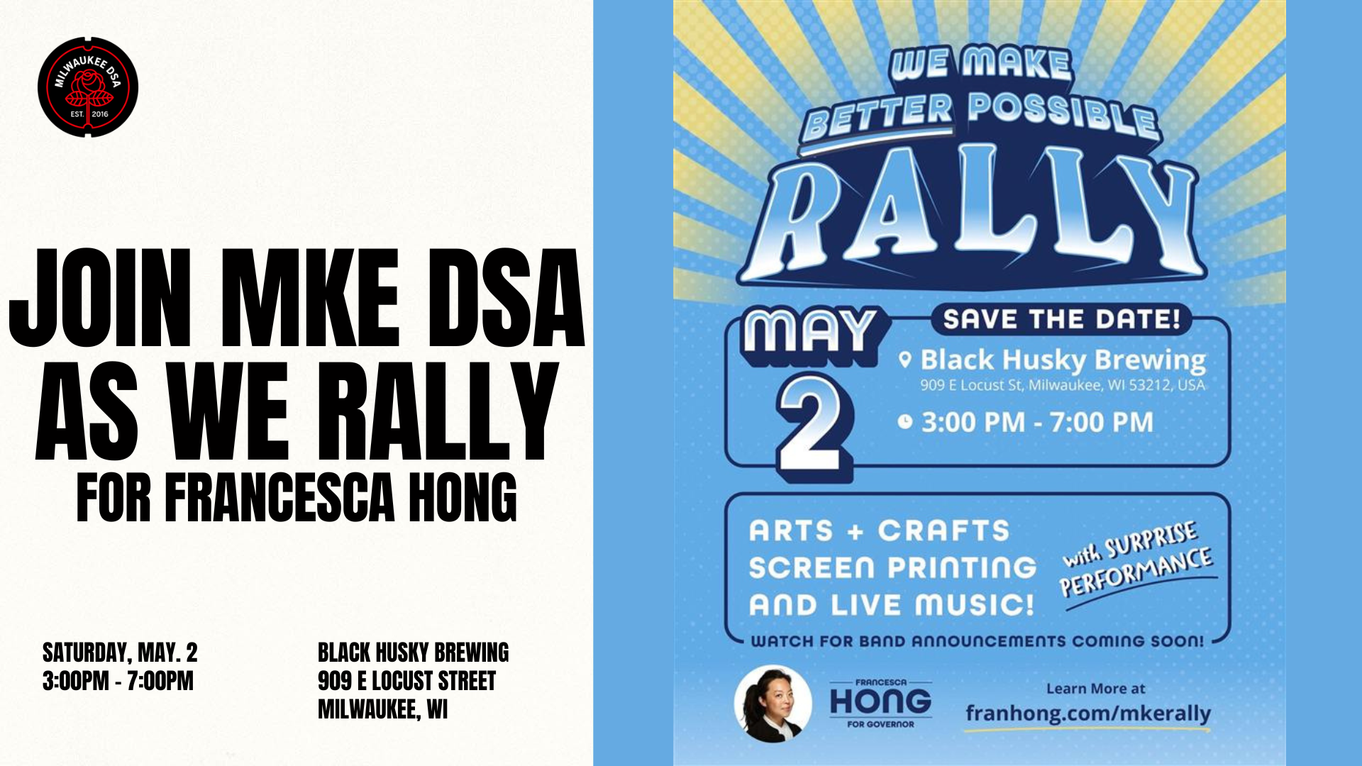 Image reads join mke dsa as we rally for Francesca Hong and includes event information