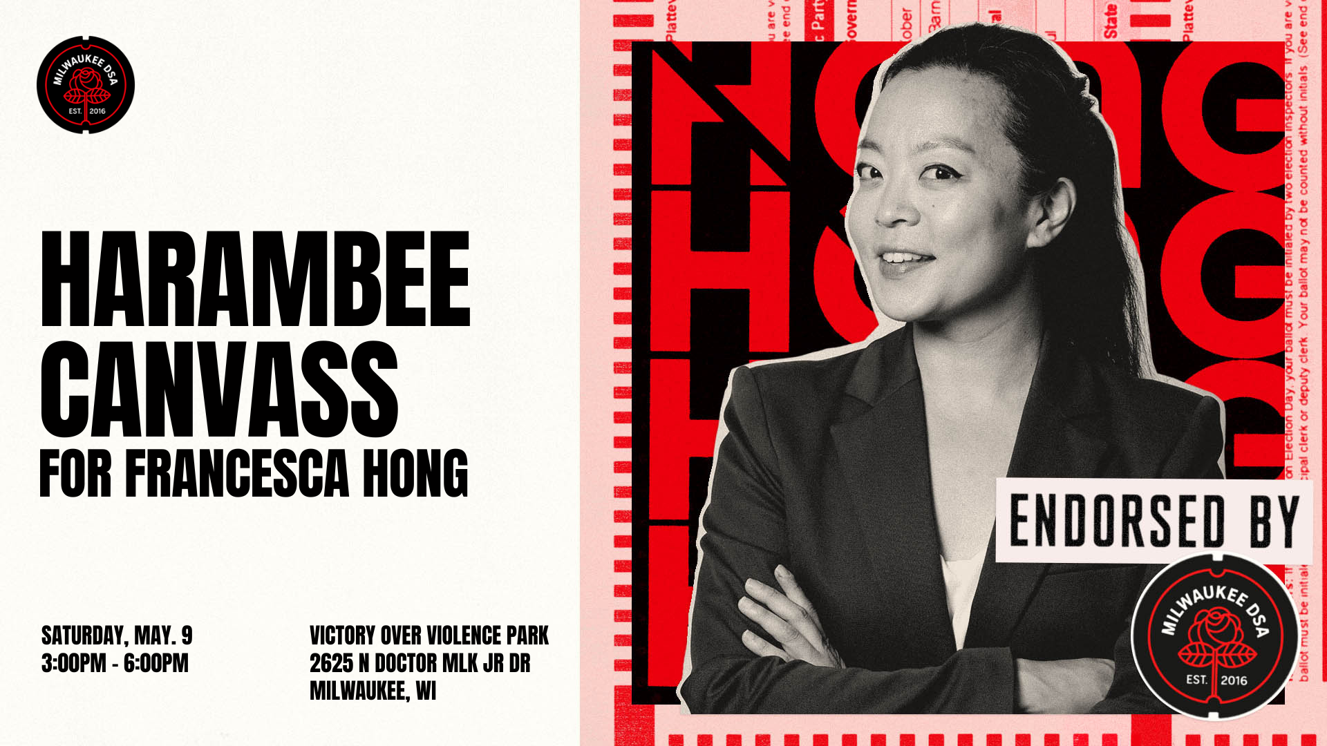 Image with text that reads "Harambee Canvass for Francesca Hong" 