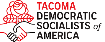 Line drawing of two hands holding each other in front of a rose with text that reads Tacoma Democratic Socialists of America
