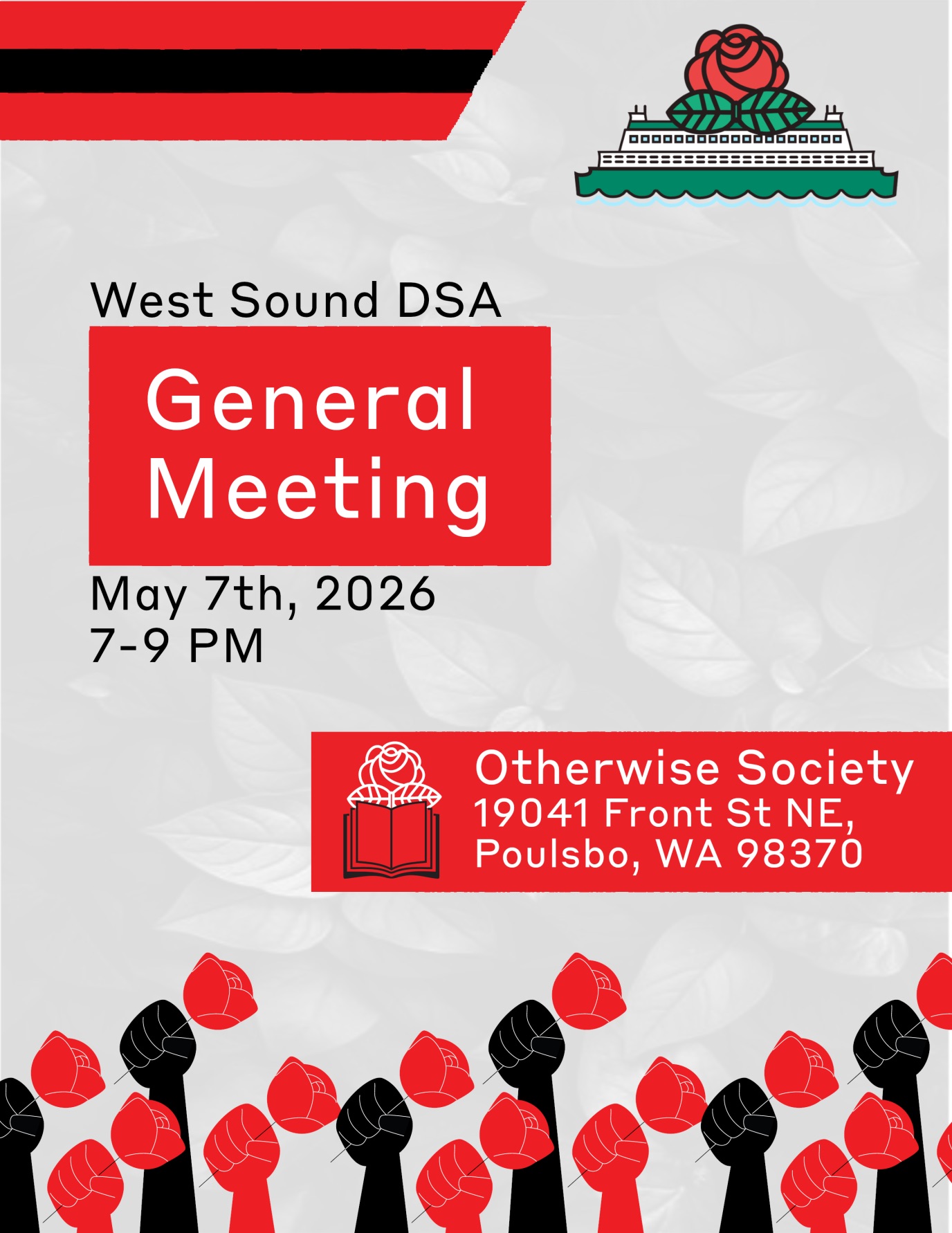 West Sound DSA May GM, 7pm to 8:30pm at Otherwise Society