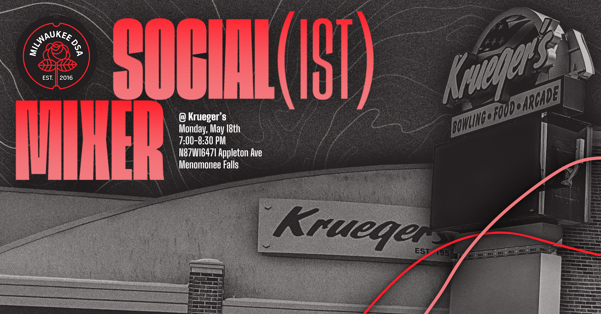 Background image of Kruegers with the words Social(ist) Mixer
