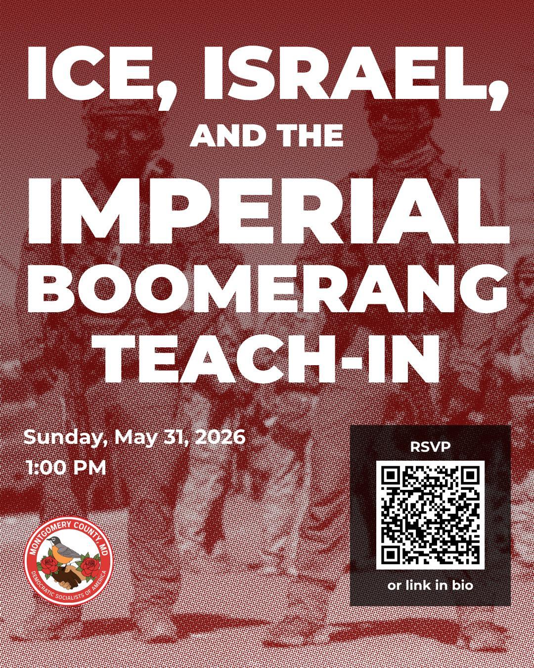 Text "ICE, Israel, and the Imperial Boomerang" on red background. 