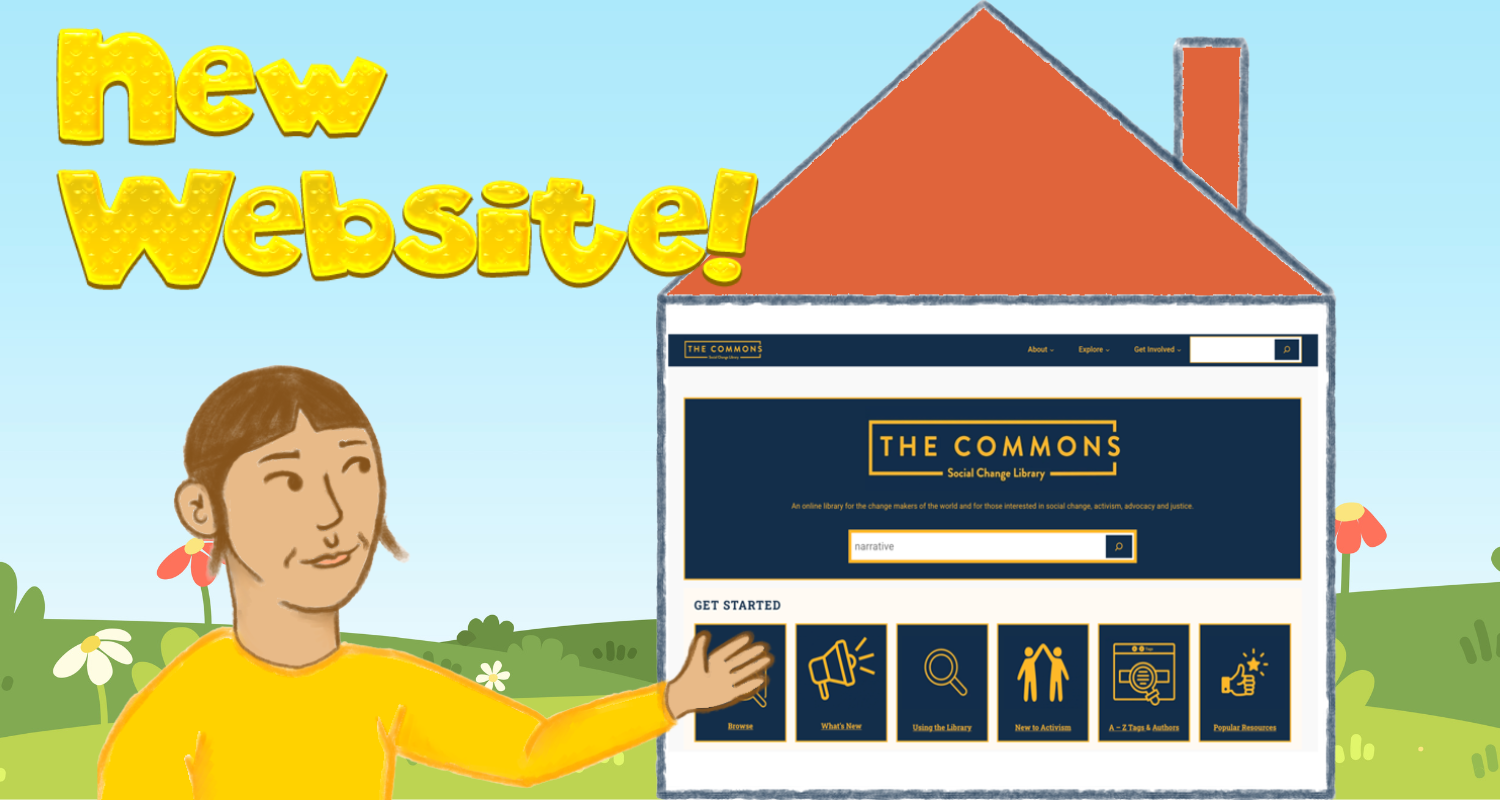 Drawing of a house with the commons library homepage inside it to the left there is also a woman presenting the house and title text that reads new website!