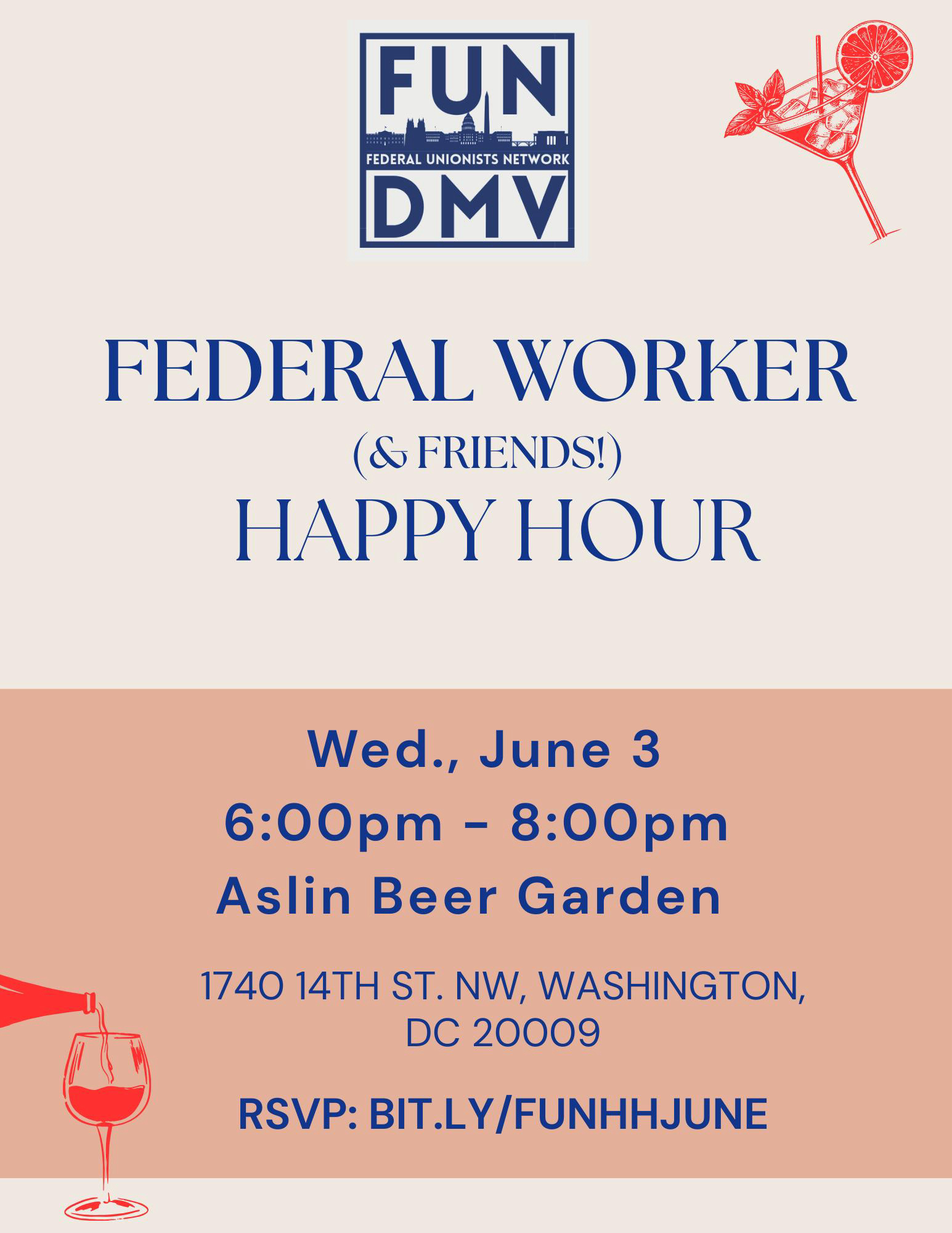 Informational Flyer for FUN-DMV Monthly Happy Hour