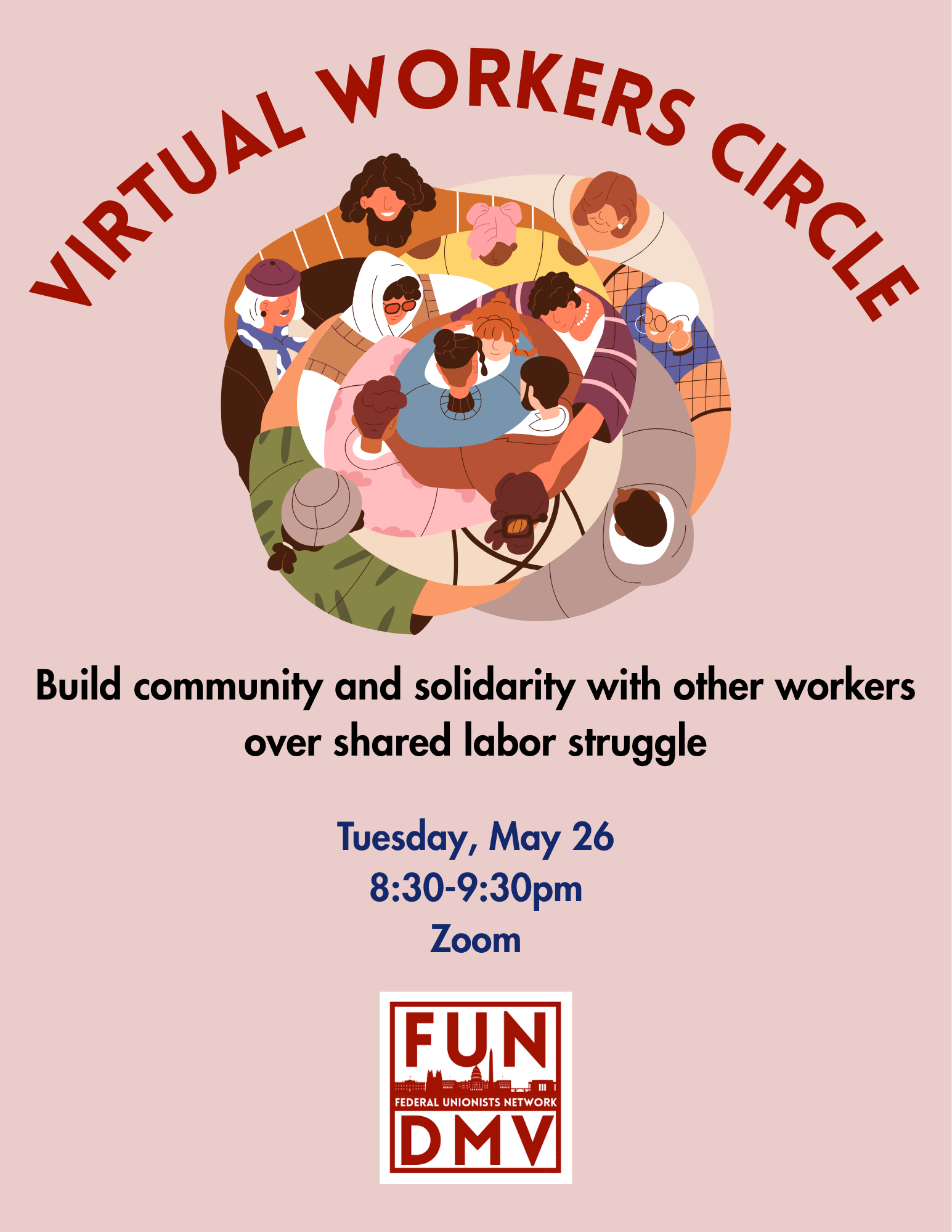 A graphic of individuals in a circular group hug is on top text with the details of the event. The bottom has the Federal Unionist Network logo