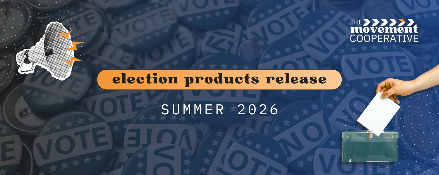 Off-black/blue gradient background with overlapping “Vote” buttons throughout. A black-and-white illustrated megaphone with orange accents appears on the left, and a hand placing a ballot into a ballot box appears on the right. A rounded orange banner in the center reads “election products release,” with “SUMMER 2026” in white text below. The Movement Cooperative logo appears in white and vivid orange in the top right.