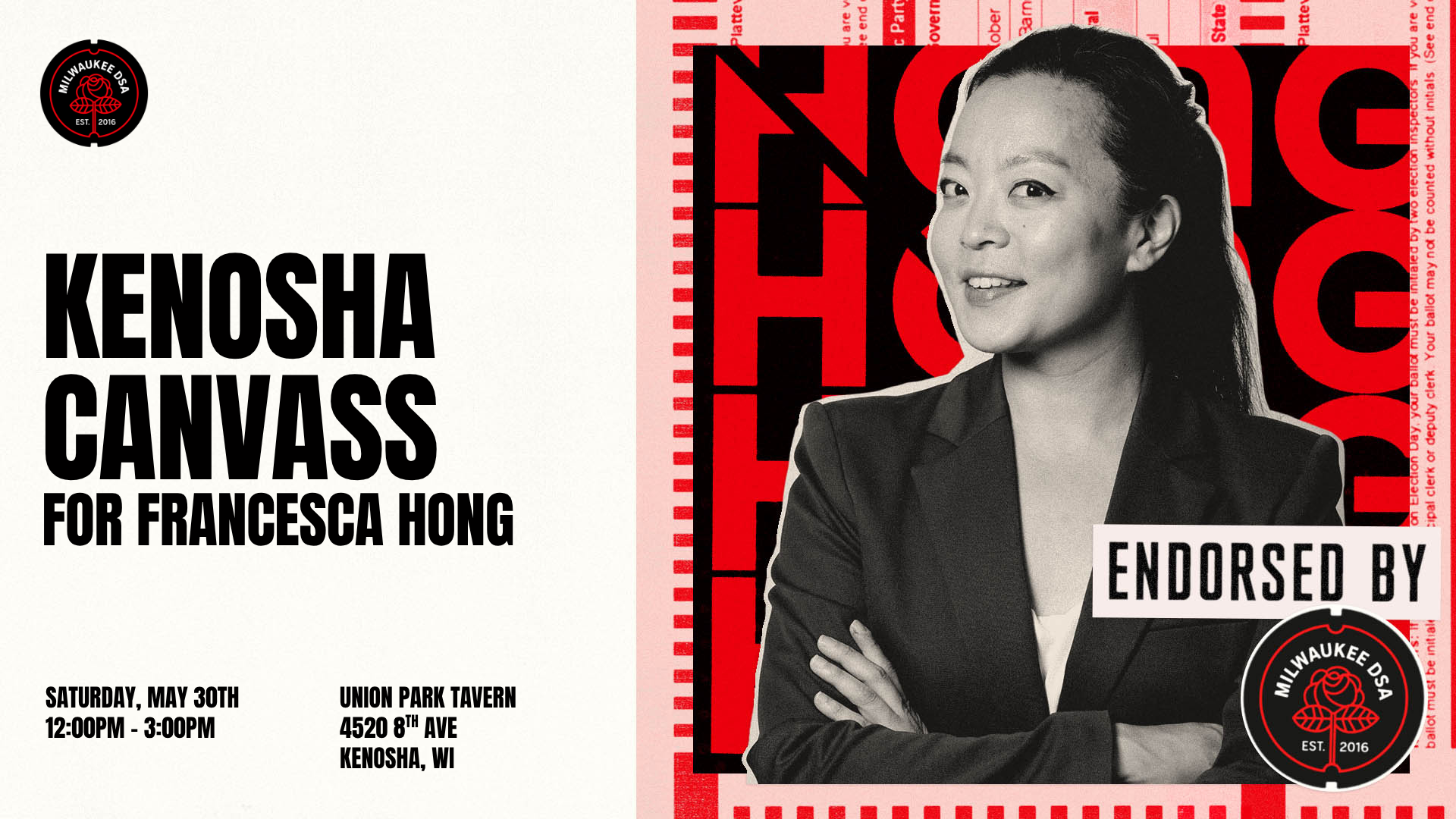 An image of Francesca Hong with the text 'Kenosha Canvass'