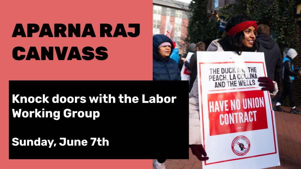 Image of Aparna Raj on a picket line holding a sign that says "The Duck and the Peach, La Collina, and The Wells have no union contract."