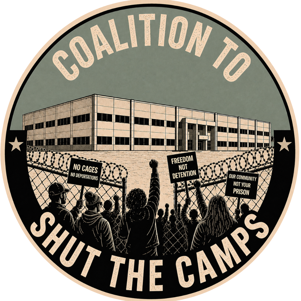 A group of protestors in front of a warehouse converted to a prison
