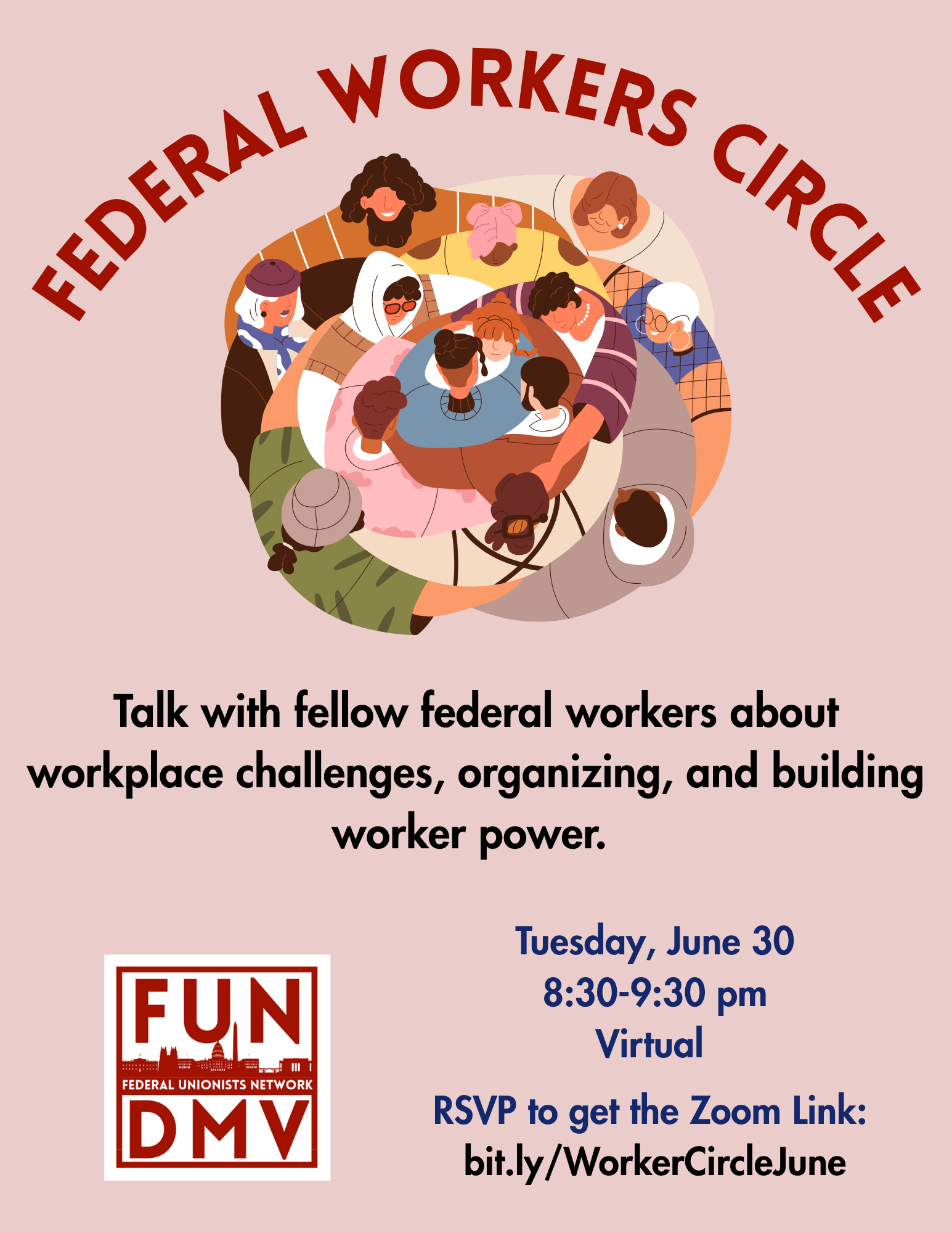 A graphic of individuals in a circular group hug is on top text with the details of the event. The bottom has the Federal Unionist Network logo