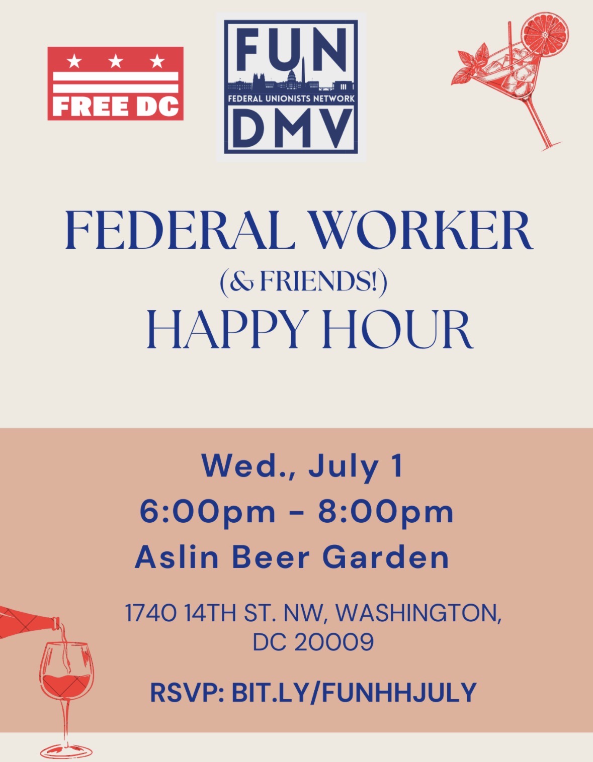 Informational Flyer for FUN-DMV Monthly Happy Hour