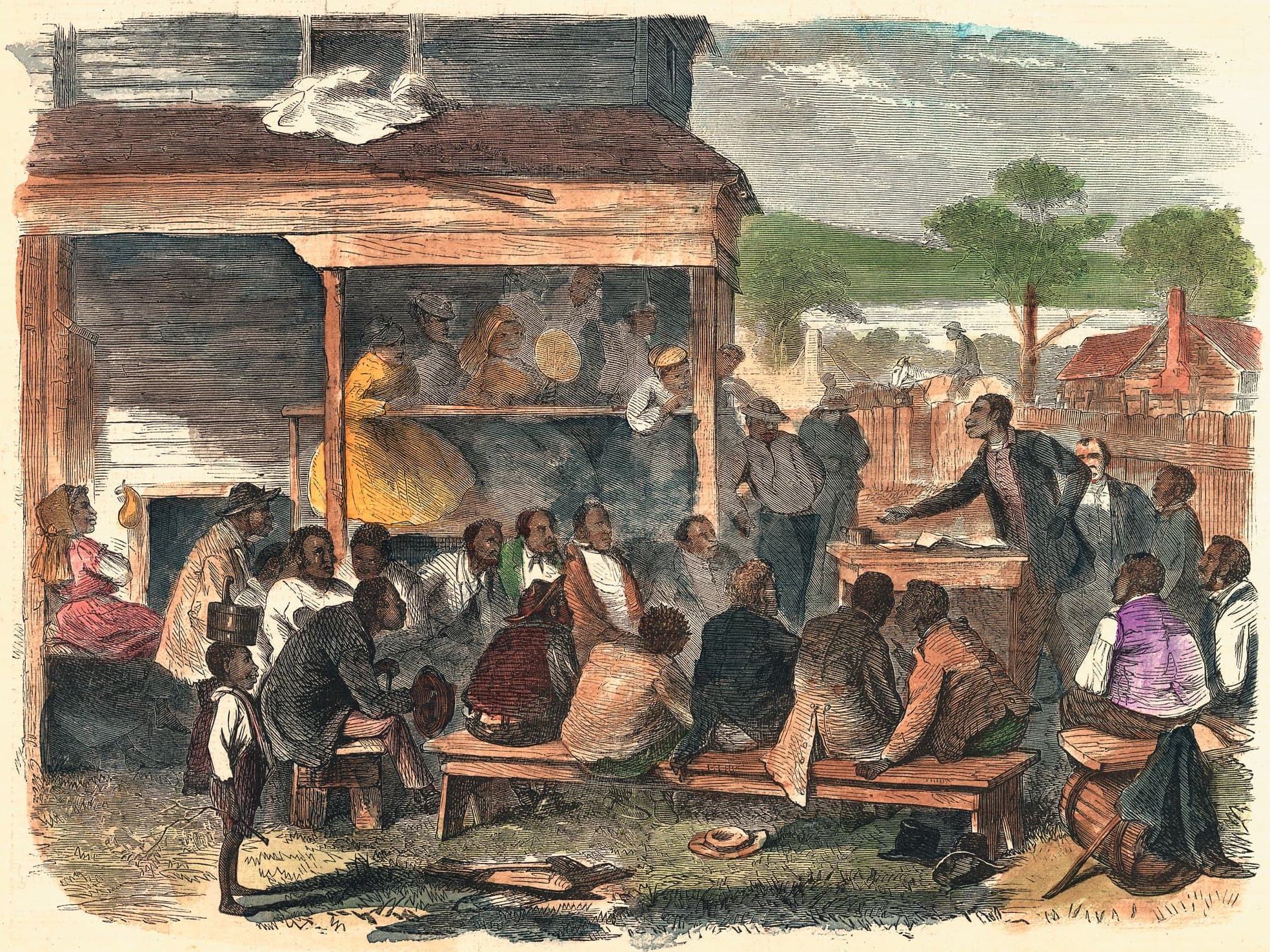 Sketch of Freedmen canvassing in the South during Reconstruction