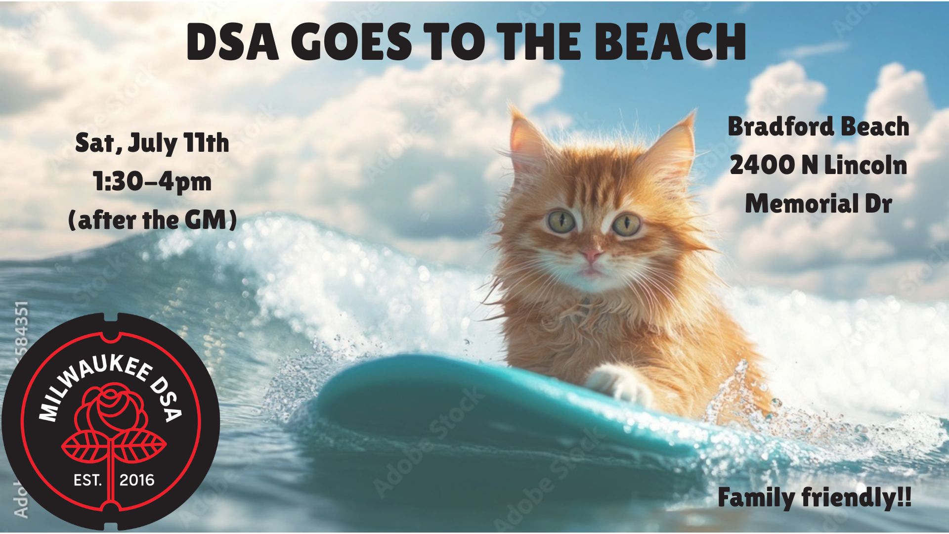 A cat on a surfboard surrounded by text and the Milwaukee DSA logo. DSA goes to the beach. Sat July 11th 1:30-4pm (after the GM) Bradford Beach 2400 N Lincoln Memorial Dr. Family Friendly