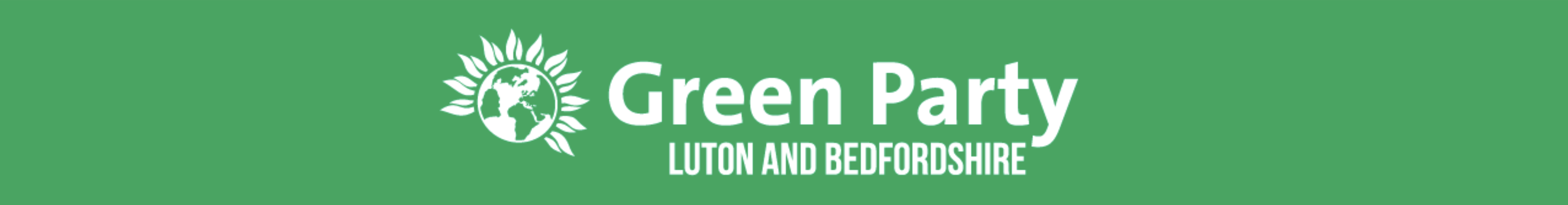 Banner Image in Green Party Green with white world & petals logo and writing