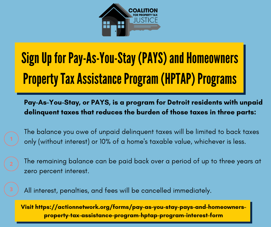Blue graphic advertises help from the Coalition for Property Tax Justice to apply for the Pay-As-You_Stay (PAYS) and Homeowners Property Tax Assistance Program (HPTAP) Programs