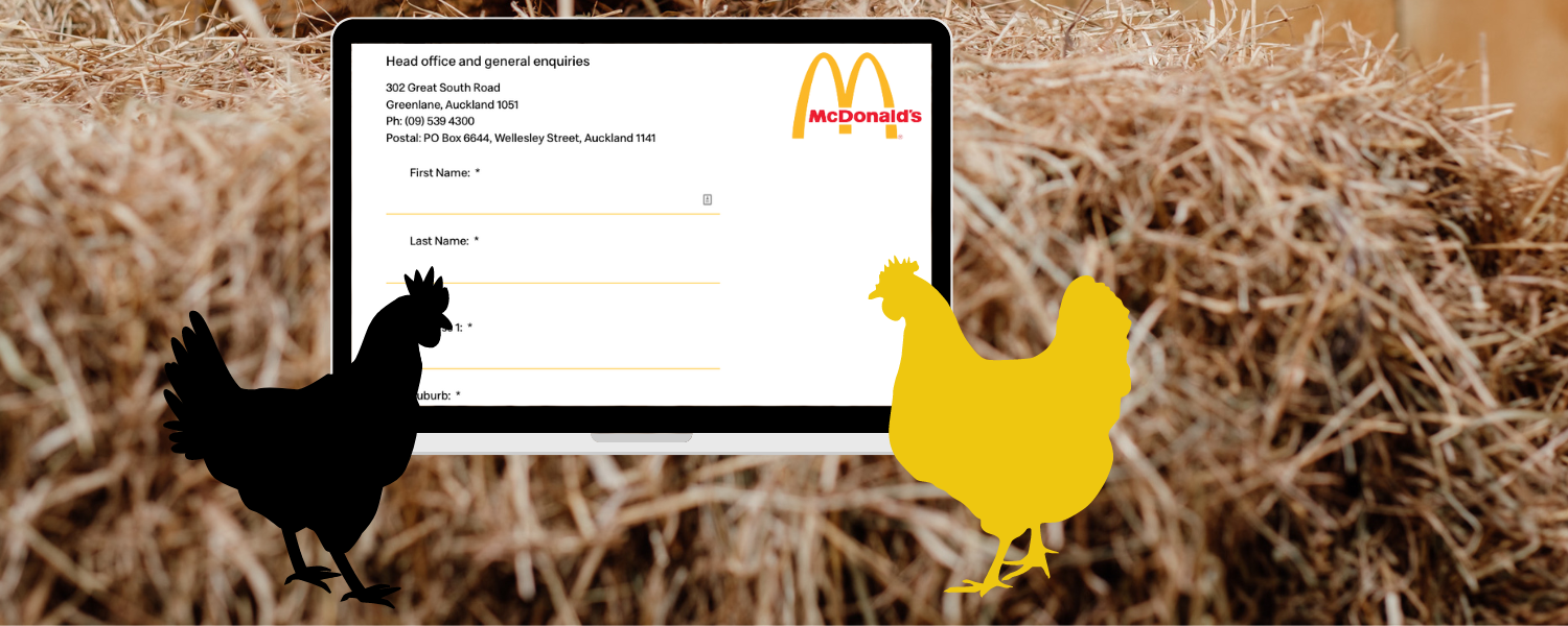 An illustration of a yellow graphic chicken and a black graphic chicken looking at a laptop with McDonald's contact form.