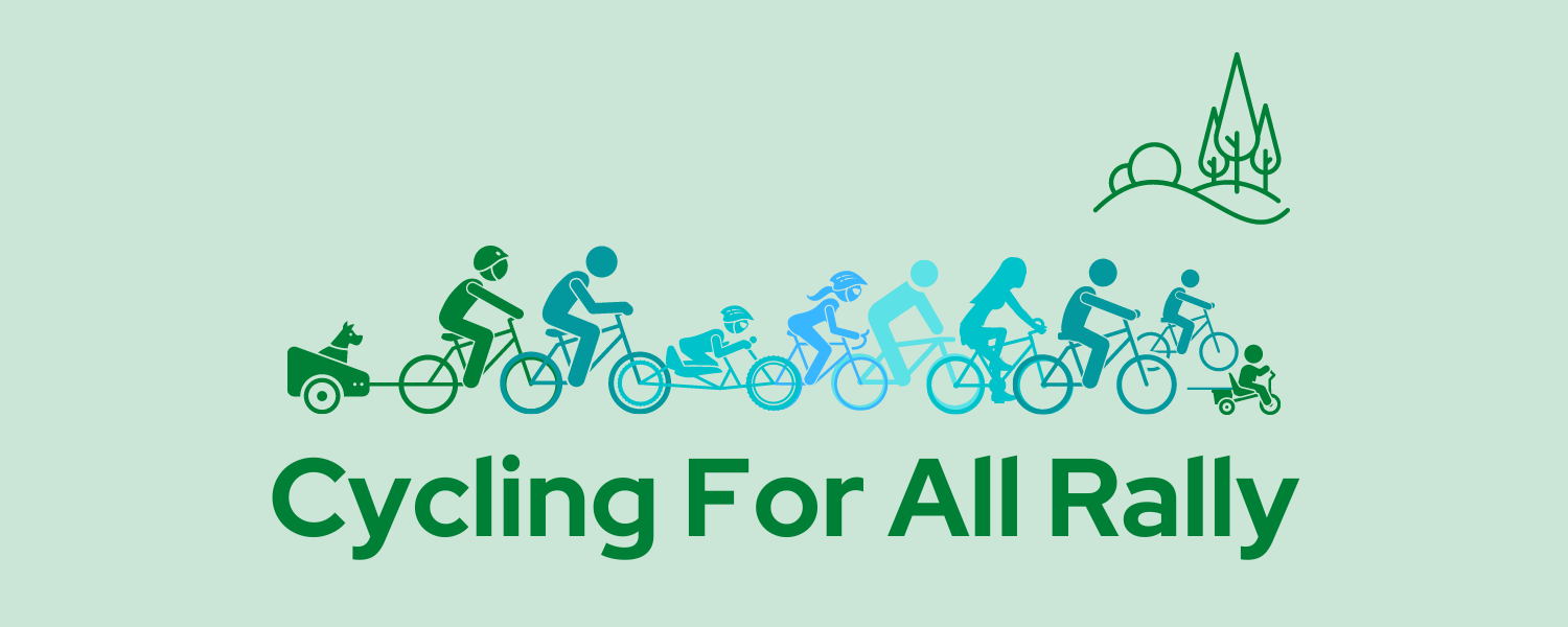Logo showing showing icons of people of all ages cycling in a line, with trikes, handbikes and even a dog in a trailer, with a countryside icon and Cycling for All written below