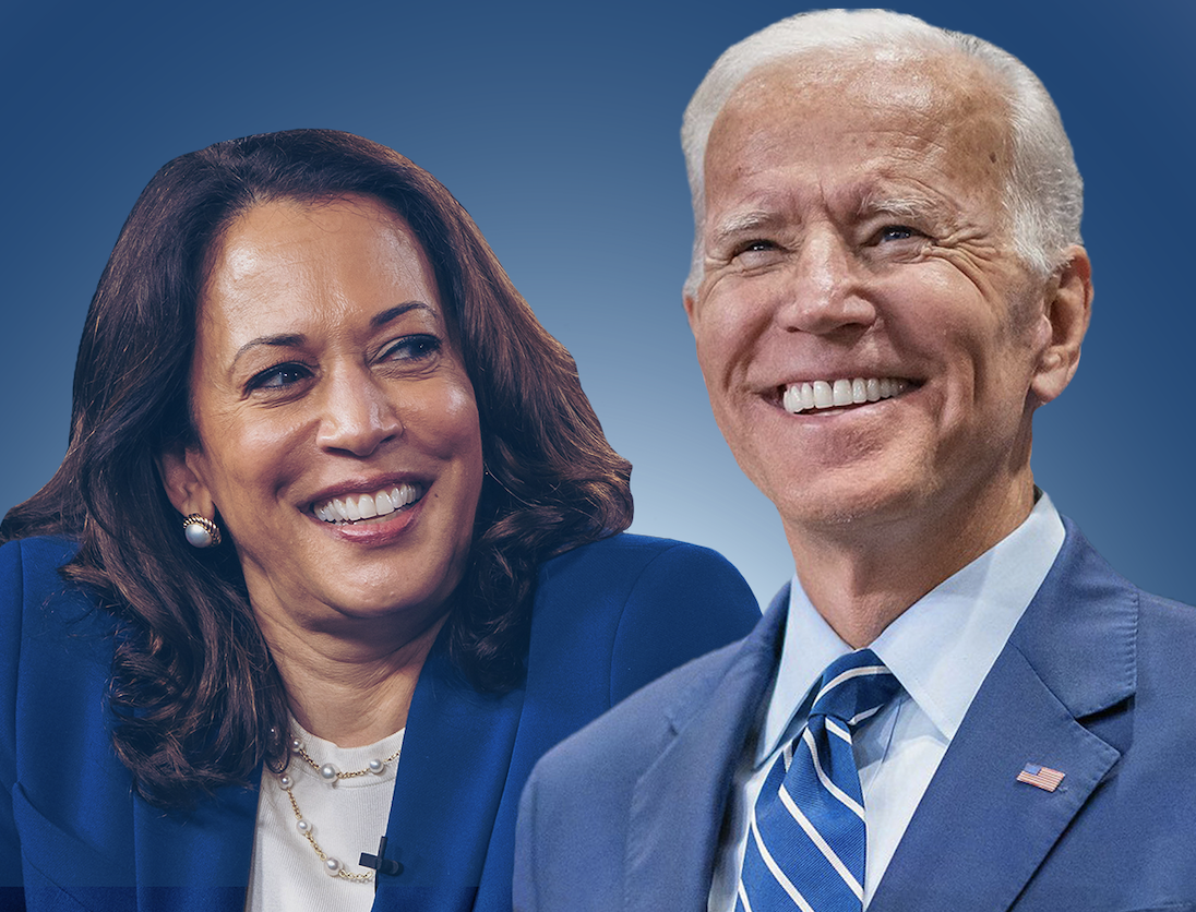 Headshots of President Biden and Vice President Harris against a blue background