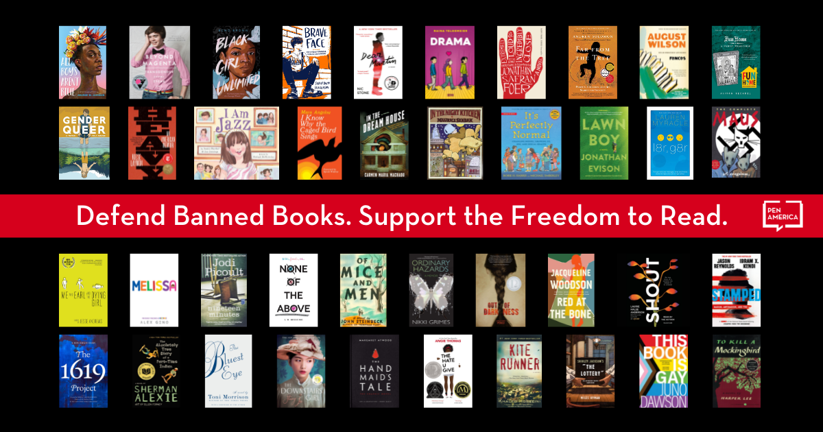 White letters spelling out "Defend Banned Books. Support the Freedom to Read" on a red stripe, on a dark background with cover images of various banned books