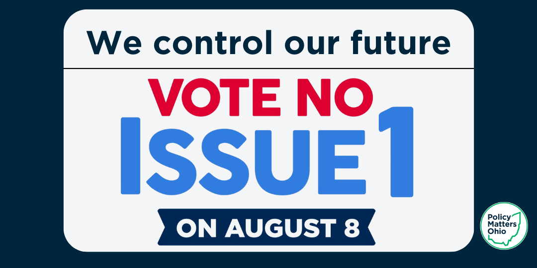 A graphic with the phrases "We control the future!" and "Vote No Issue 1 on August 8."