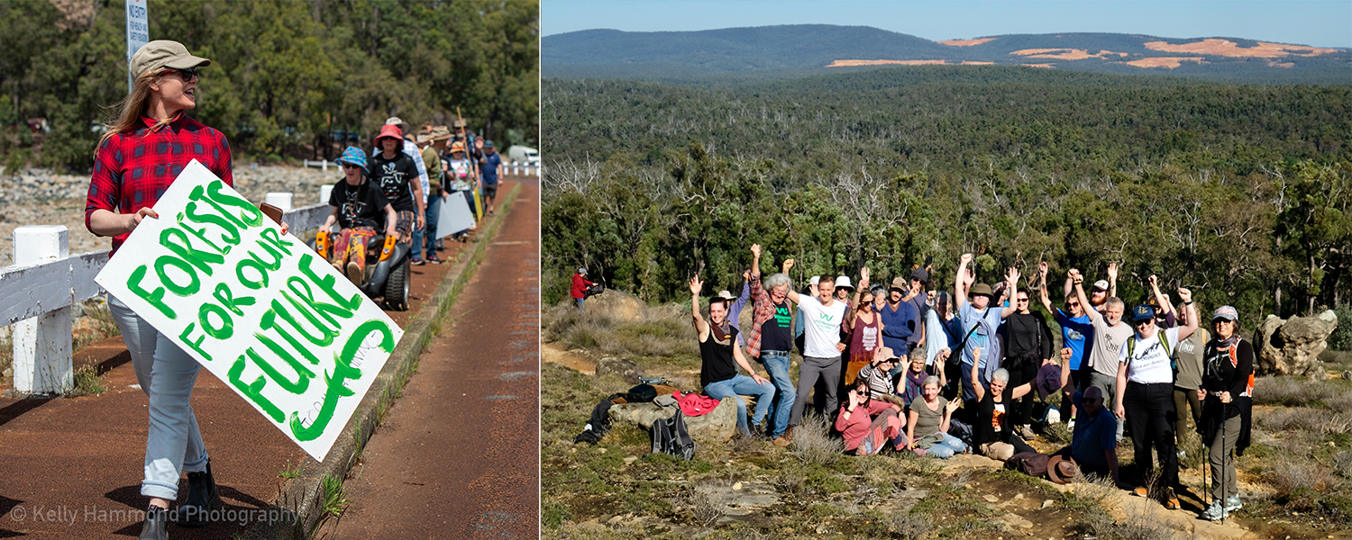 A collage of two photos of crowds of people. The second image shows Alcoa's forest clearing in the background