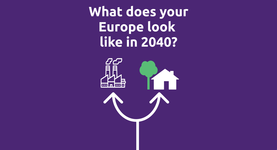 An infographic asking the question "How does your Europe look like in 2040?" with the options of a clean, safe environment or polluting industries.