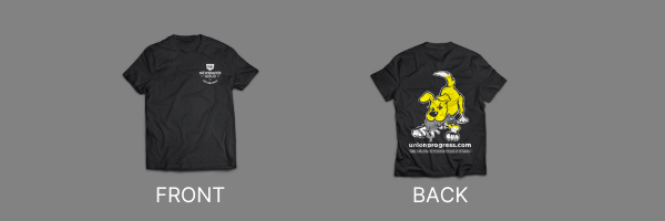 A front and back t shirt modeling of the new Pittsburgh Union Progress strike solidarity t-shirts. On the front left breast is the Newspaper Guild of Pittsburgh. On the back is the PUP mascot eating a rat, representing scabs.