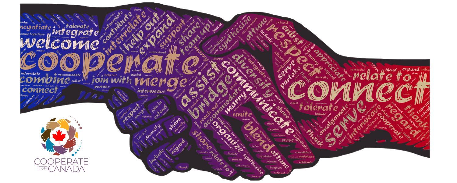 drawing of two multicoloured hands in a handshake with many words written on the hands such as cooperate, join with, connect, assist, bridge. Below the hands is the Cooperate for Canada logo