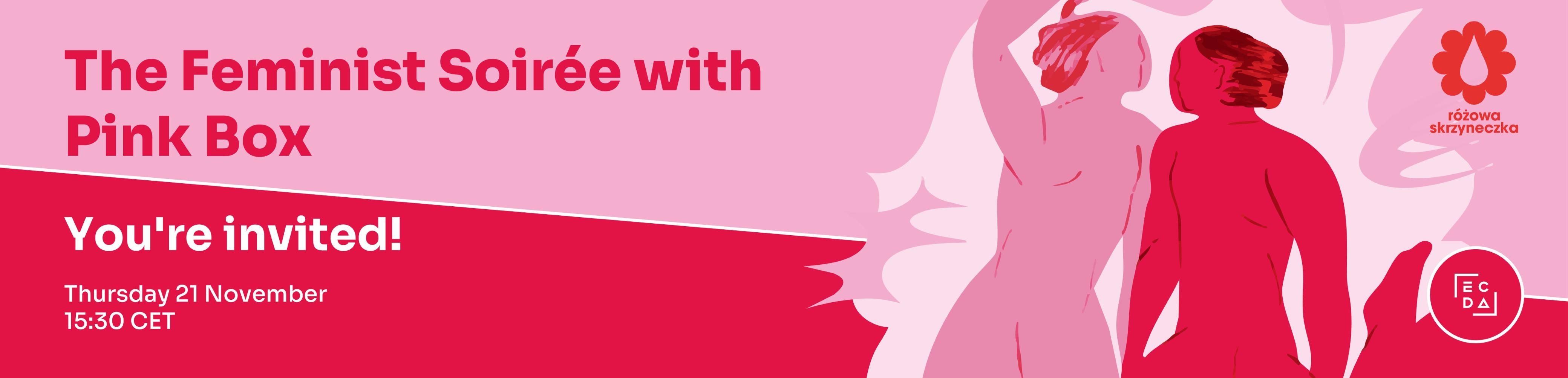 invitation banner - pink and red image of women Silhouette with menstruating symbols and emblems