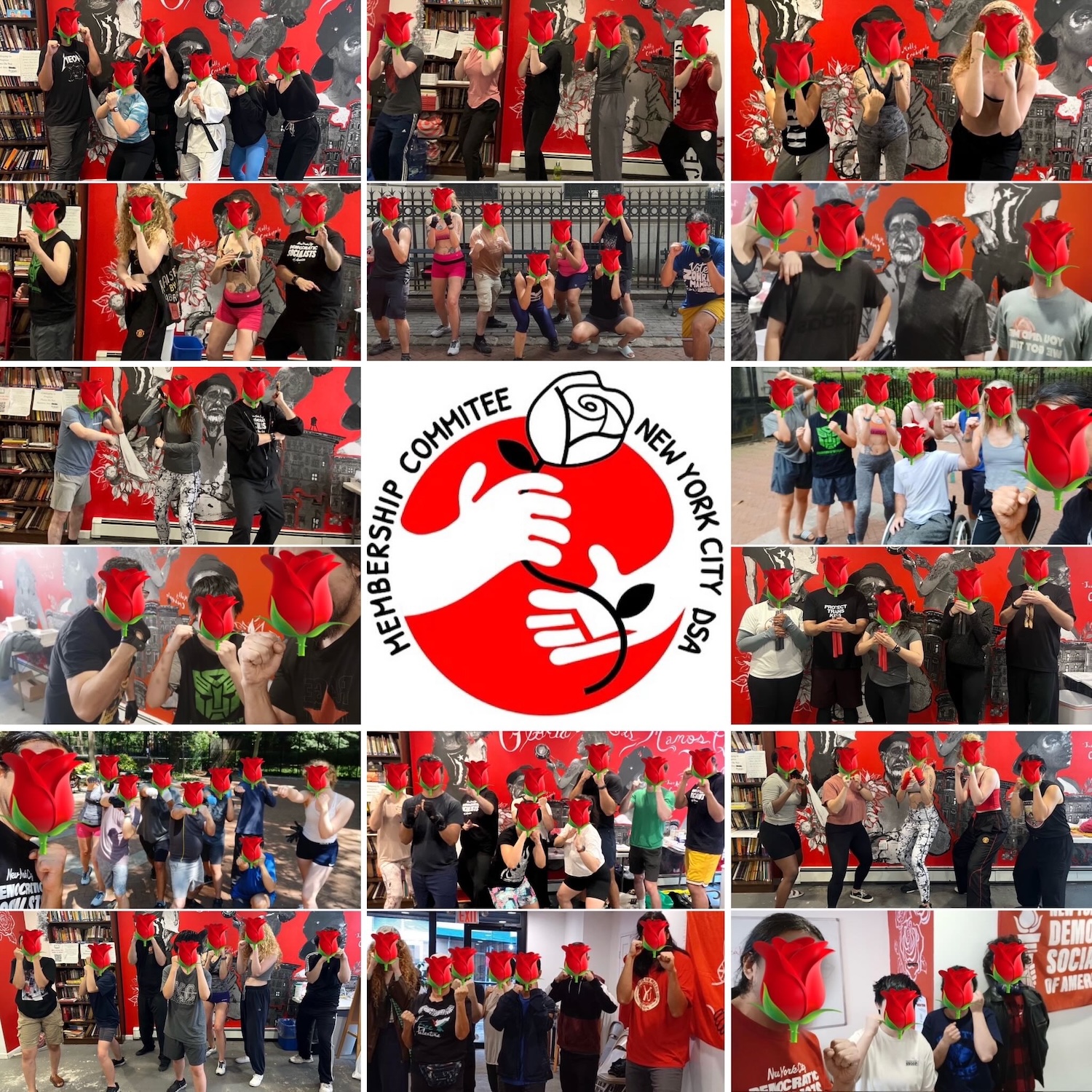 a collage of attendees of some of our classes, everyone has a rose emoji over their faces