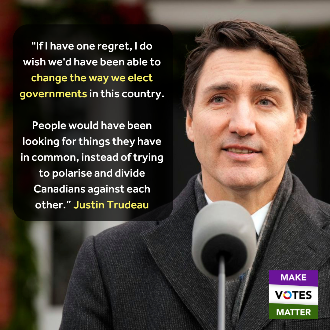 Justin Trudeau saying I do wish that we'd been able to change the way we elect our governments in this country