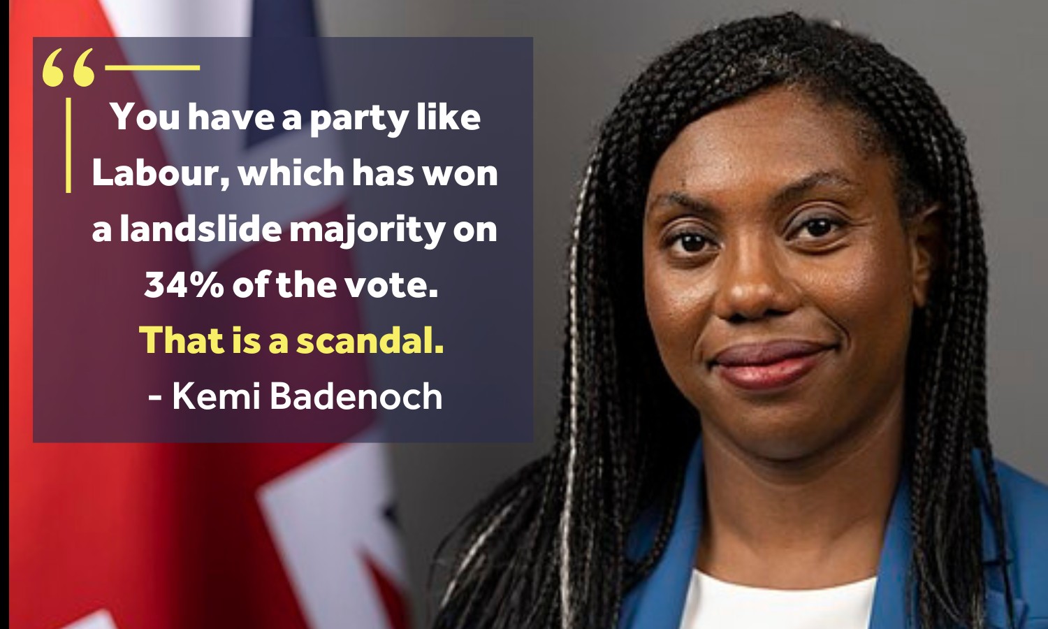 Kemi Badenoch: “You have a party like Labour, which has won a landslide majority on 34% of the vote. That is a scandal.”