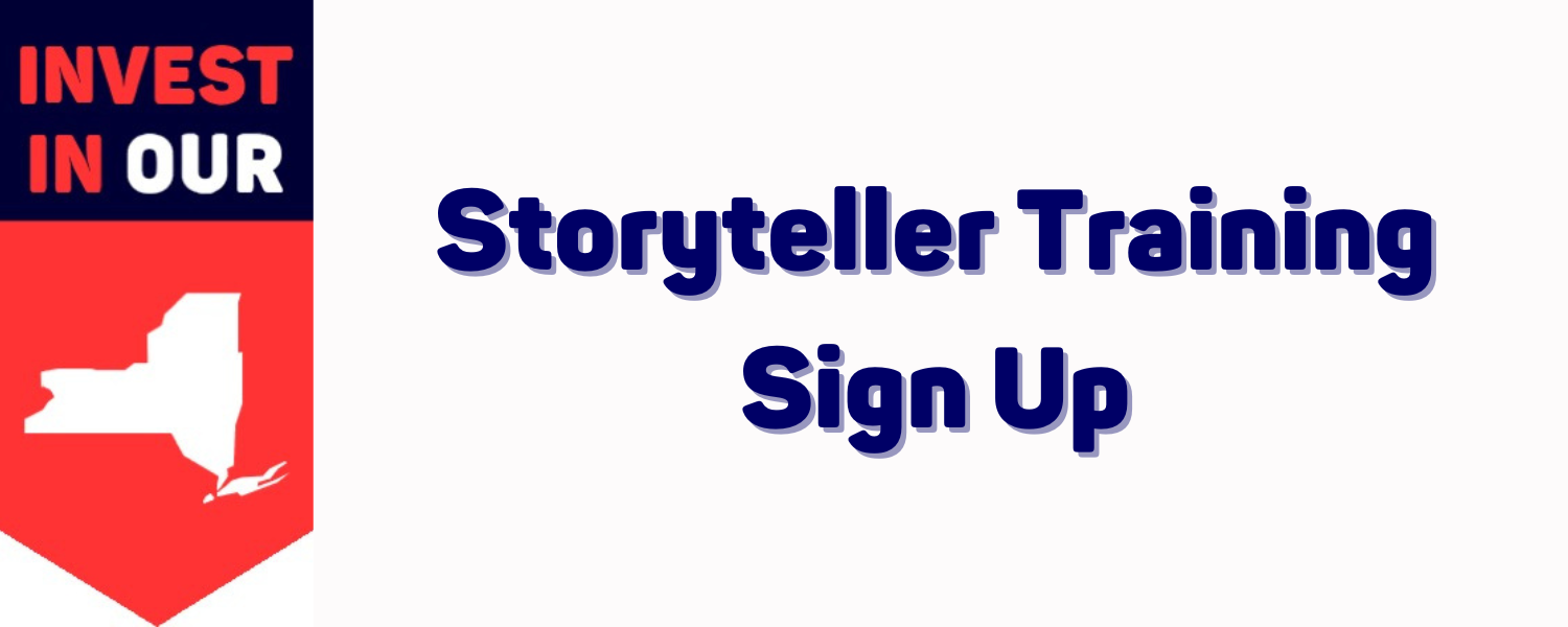Invest in Our NY Logo with the words "Storyteller Training Sign Up" next to it