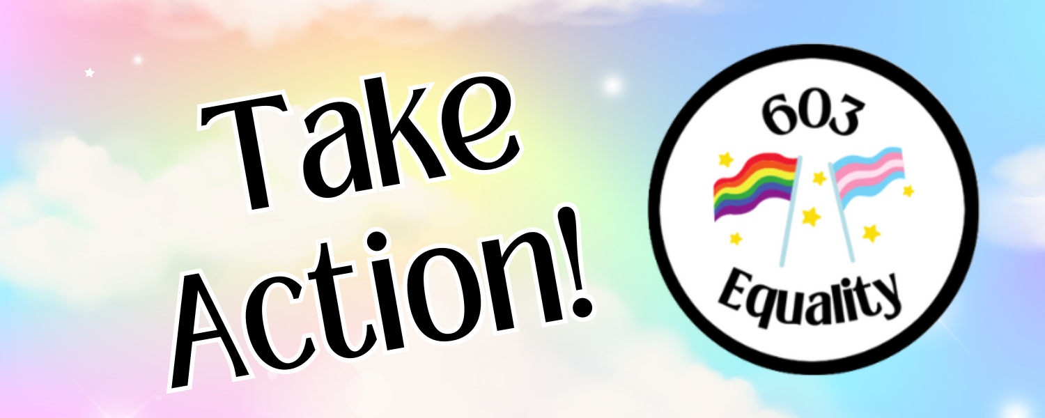 On a background that includes a multi-color pastel rainbow cloud background with small white stars and clouds, text reads, “Take Action” and the 603 Equality logo, the words with a rainbow flag and a trans flag in a circle, are in the middle. 