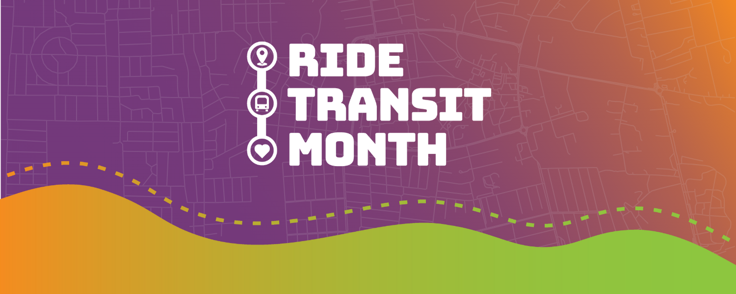 Graphic with a street map in the background and the Ride Transit Month logo. 