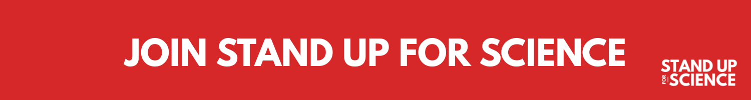 Red background with white text that says: Join Stand Up for Science