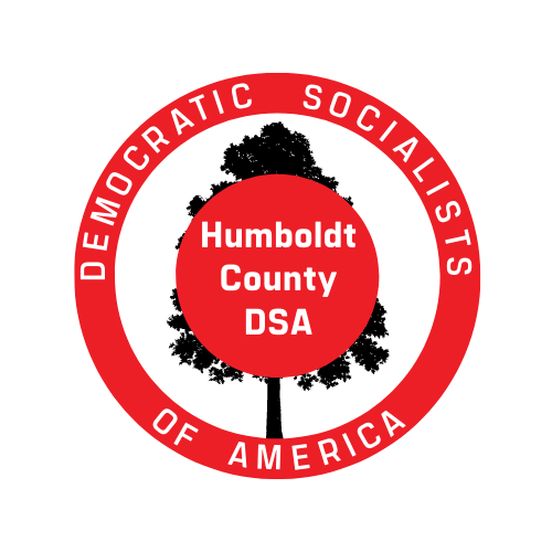 Image of redwood tree in a red circle surrounded reading "Democratic Socialists of America" and "Humboldt County DSA"