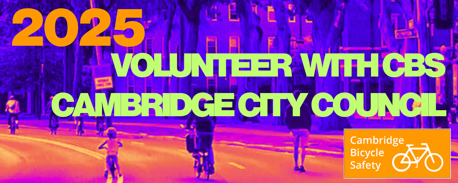 Banner 2025 Volunteer with CBS Cambridge City Council Election - colorful neon photo of people biking along the Charles River.
