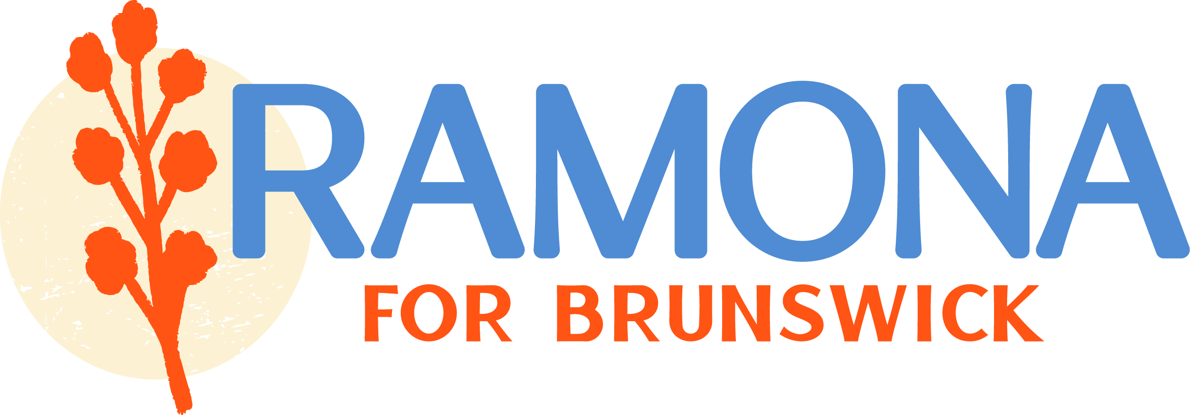 Ramona for Brunswick Logo in blue and orange, alongside an orange silhouette of a stalk of flowers in front of a textured, cream circle