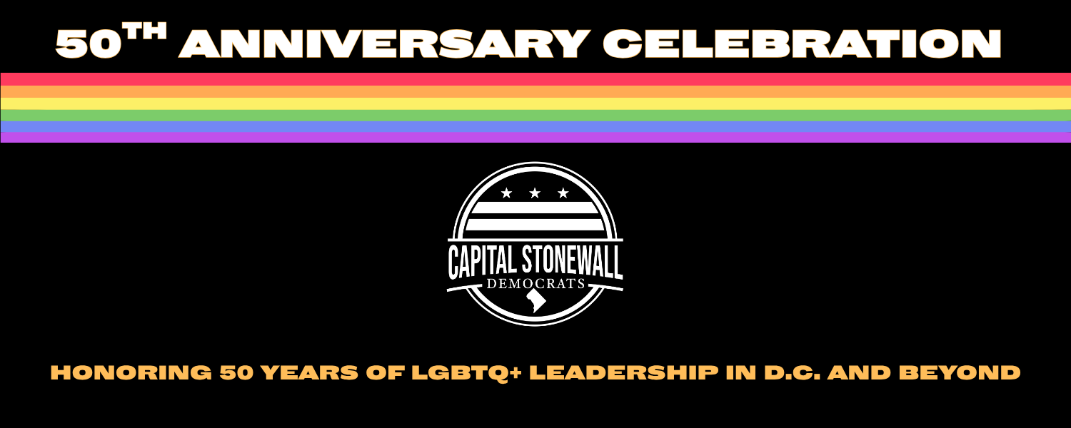 50th Anniversary Celebration for Stonewall Democrats with a black background, rainbow banner, and their logo.