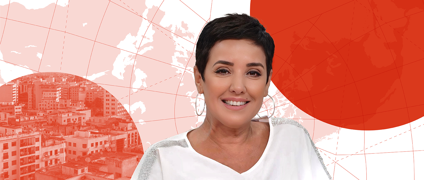 Банер с изображение на Соня Дамани, адвокат и медиен коментатор, която беше затворена в Тунис и заглушена, защото се застъпи за правата на човека. Мозайката показва Соня Дамани (вляво) заедно с различни други творчески дизайнерски елементи от кампанията „Write for Rights 2025“ на Амнести Интернешънъл.