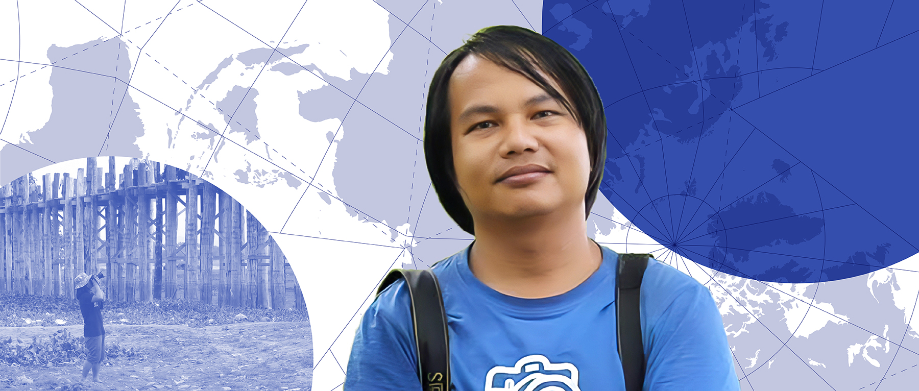 Banner image of Sai Zaw Thaike, a journalist sentenced to 20 years in jail for reporting on a cyclone in Myanmar. Mosaic image shows Sai Zaw (left) alongside various other creative design elements from Amnesty's Write for Rights 2025.