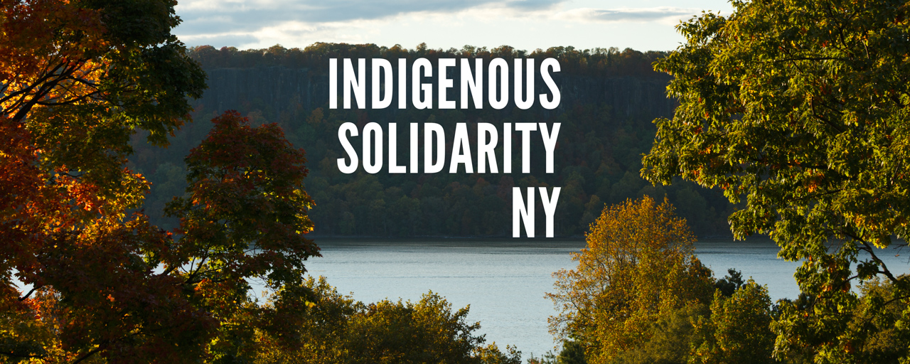 Looking towards the NJ Palisades with trees from the NY  side framing the Hudson River with the text, "Indigenous Solidarity NY" at the center.