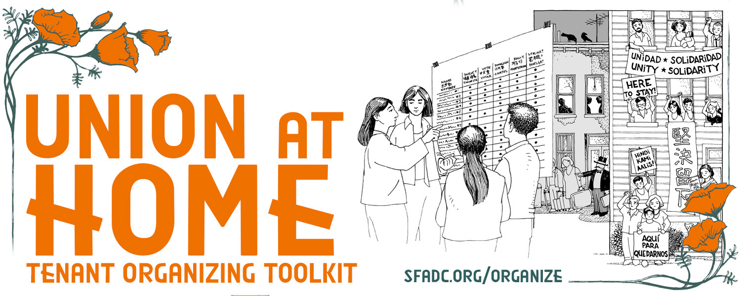 Poppies bordering images of tenants organizing in their apartment building and gathered around a big wall chart