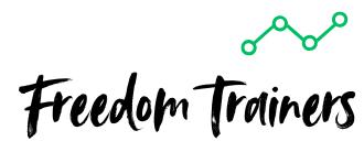 A logo that says "Freedom Trainers" in slanted writing, with a series of green links above